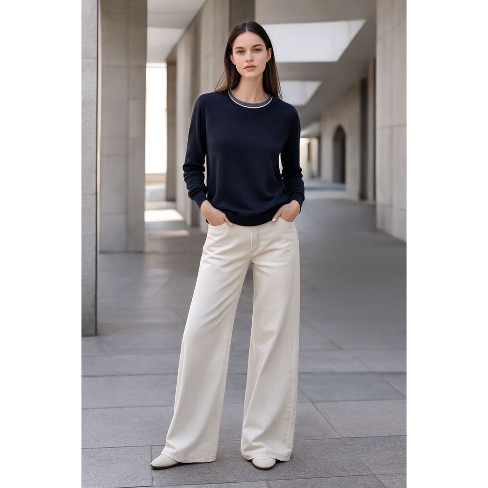 Cullen Round Neck 100% Cashmere Sweater in Navy L